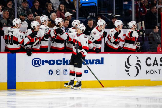 Belleville Senators' Tarun Fizer congratulated by team