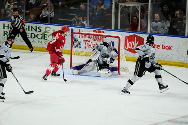 Colin Jacobs of the Allen Americans scores against the Idaho Steelheads