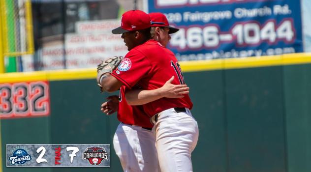 Hickory Crawdads react after a win