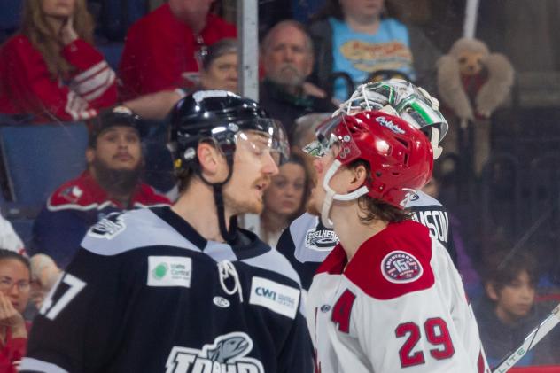 Idaho Steelheads' Patrick Kudla and Allen Americans' Colby McAuley on game night