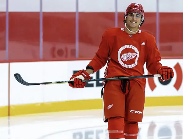 Defenseman Andrew Gibson with the Detroit Red Wings