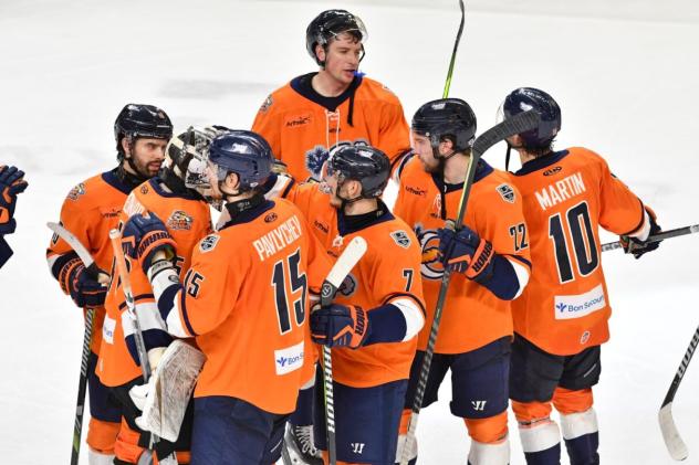 Greenville Swamp Rabbits exchange congratulations after a victory