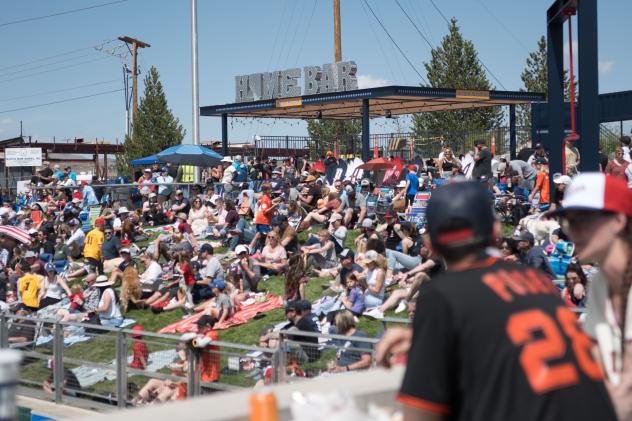 The berm is packed with spectators for the Reno Aces at Greater Nevada Field