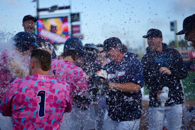 Pensacola Blue Wahoos celebrate a walkoff win