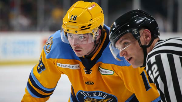 Toledo Walleye forward Trenton Bliss awaits a faceoff