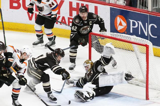 Lehigh Valley Phantoms press for a score against the Hershey Bears