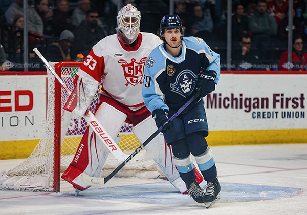 Grand Rapids Griffins goaltender Sebastian Cossa vs. the Milwaukee Admirals