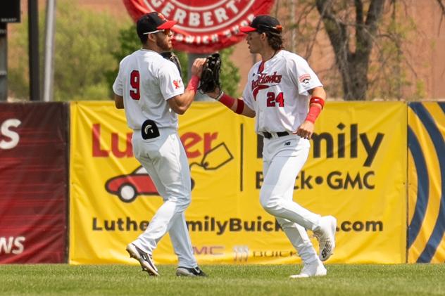 Fargo-Moorhead RedHawks outfielders Ismael Alcantara (left) and Kona Quiggle