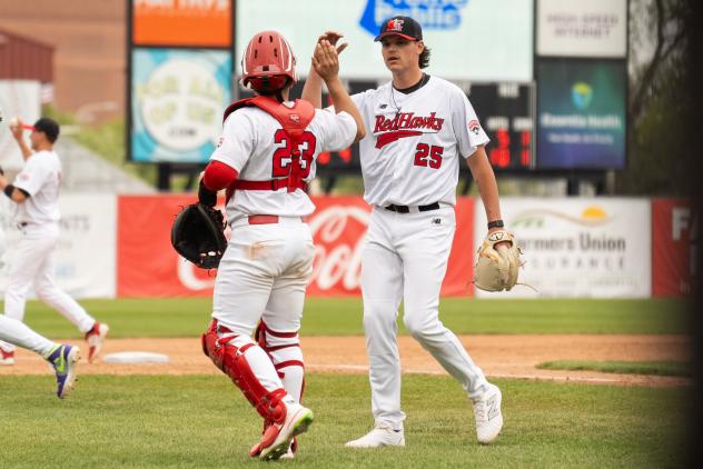 Fargo-Moorhead RedHawks pitcher Kolby Kiser and catcher Juan Fernandez