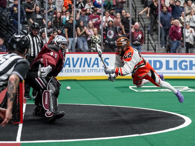 Buffalo Bandits forward Josh Byrne shoots against the Colorado Mammoth