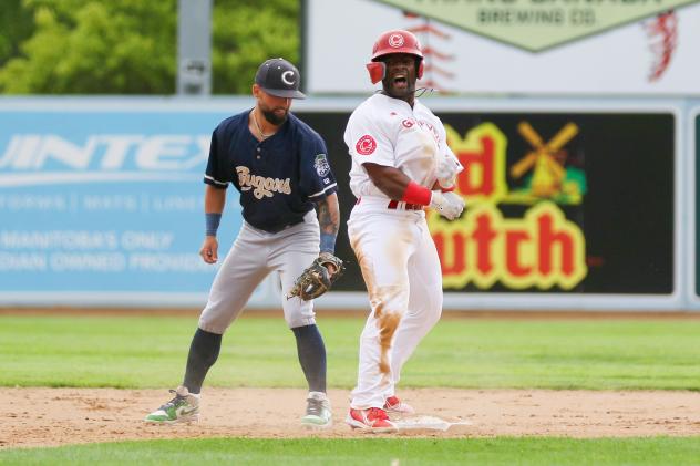 Miles Simington of the Winnipeg Goldeyes is safe at second