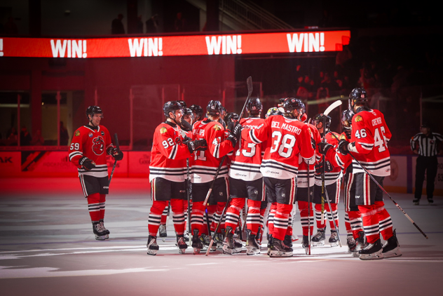 Rockford IceHogs gather on the ice after a victory