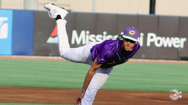 Biloxi Shuckers pitcher Jacob Misiorowski in his King Cakes uniform
