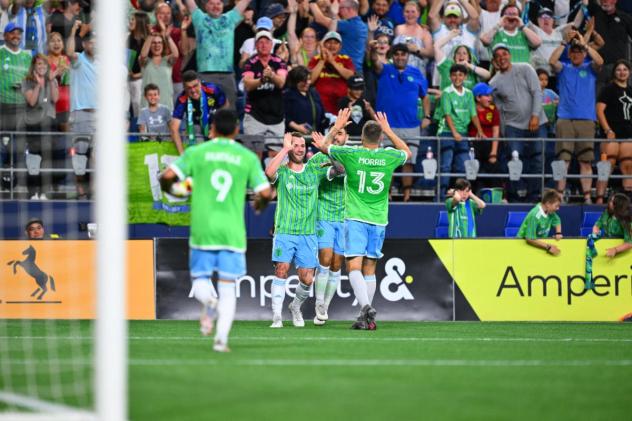 Seattle Sounders FC's Raúl Ruidíaz, Albert Rusnák, and Albert Rusnák on game night