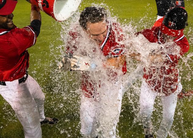 Fargo-Moorhead RedHawks celebrate a walk-off win