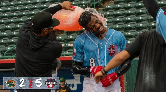 Hickory Crawdads outfielder Luis Mieses gets a Gatorade shower
