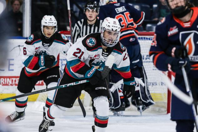 Kelowna Rockets' Jackson Gillespie and Owen Folstrom on the ice