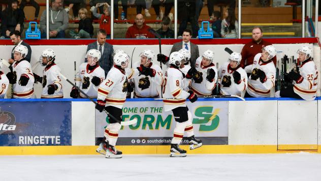 Vancouver Giants centres Kyren Gronick (27) and Aaron Obobaifo along the bench