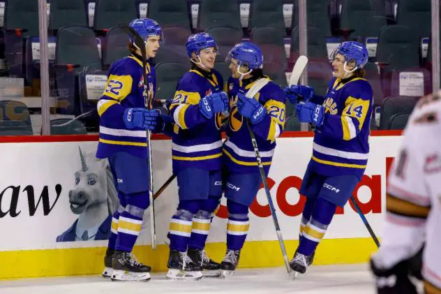 Saskatoon Blades gather after a goal