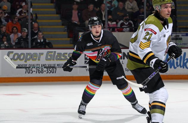 Peterborough Petes right wing Ryder McIntyre against the North Bay Battalion