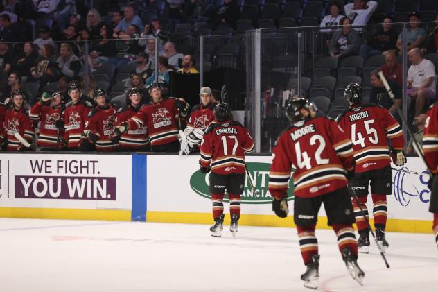 Tucson Roadrunners' Kyle Crnkovic celebrates with teammates