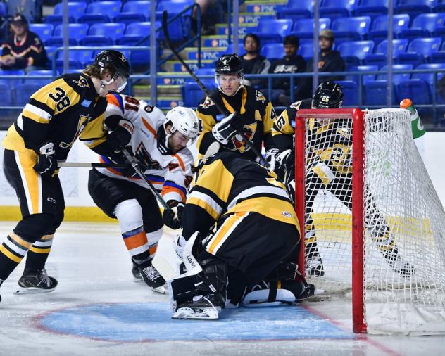 Lehigh Valley Phantoms left wing Elliot Desnoyers looks for a score