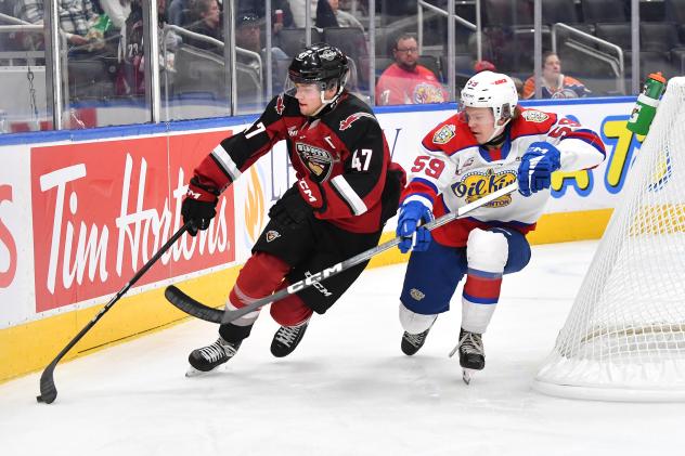 Vancouver Giants defenceman Mazden Leslie vs. the Edmonton Oil Kings