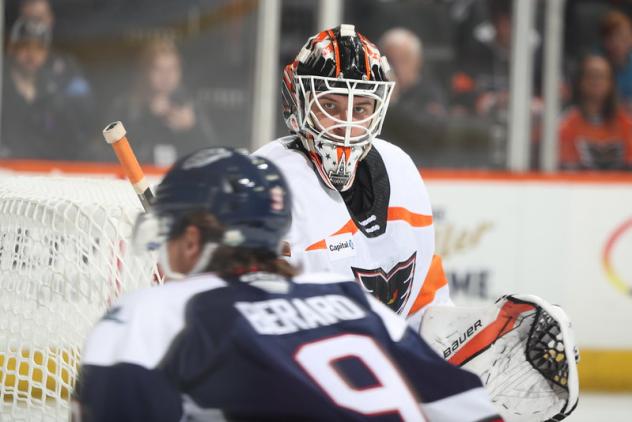 Lehigh Valley Phantoms goaltender surveys the action