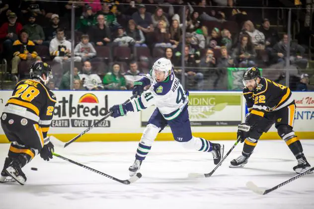 Maine Mariners forward Evan Vierling rips a shot vs. the Wheeling Nailers