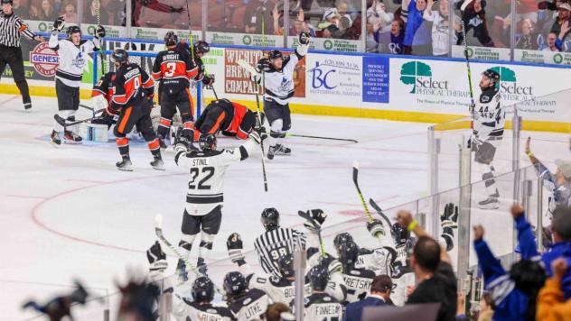 Wichita Thunder react after a goal against the  Kansas City Mavericks