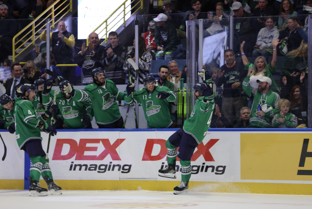 Florida Everblades' Colin Theisen congratulated by team