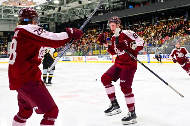 Peterborough Petes celebrate Liam Ladds' first goal