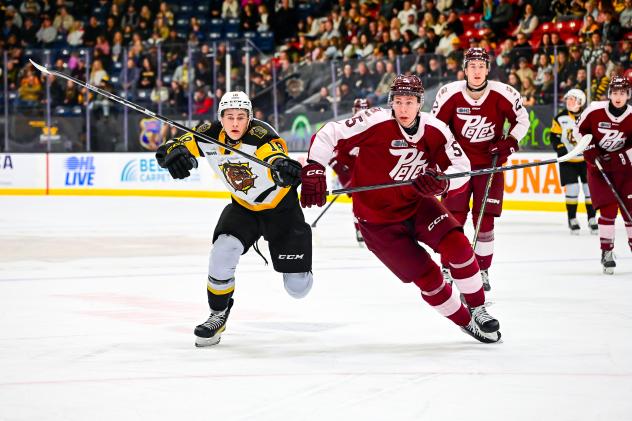 Peterborough Petes defenceman Martin Matejicek (right) races for the puck