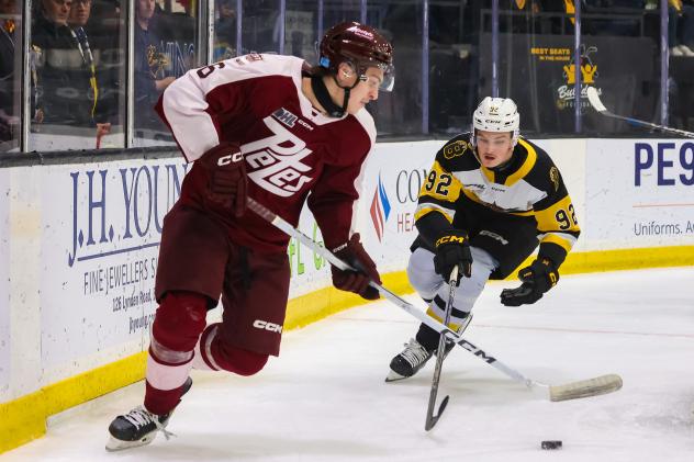 Peterborough Petes defenceman Grayden  Strohack (left) vs. the Brantford Bulldogs