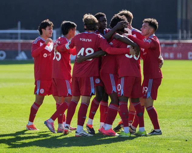 Chicago Fire FC II celebrates a goal against Columbus Crew 2