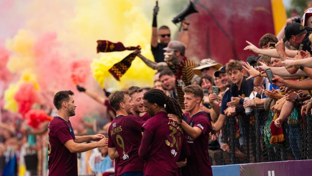 Detroit City FC celebrates in front of the home fans