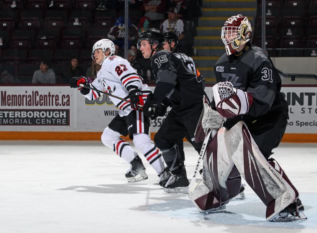 Peterborough Petes goaltender Zach Bowen and defenceman Carson Cameron vs. the Niagara IceDogs