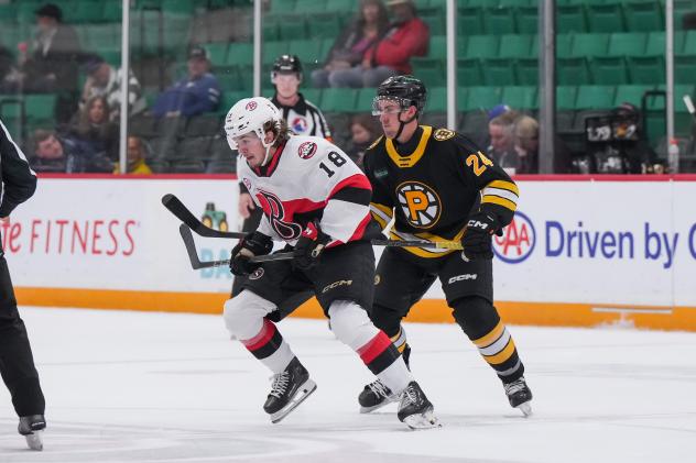 Belleville Senators right wing Jake Chiasson (left) vs. the Providence Bruins