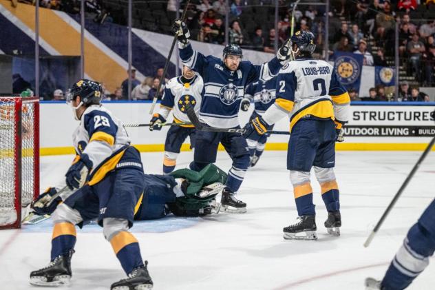 Worcester Railers react after a goal against the Norfolk Admirals