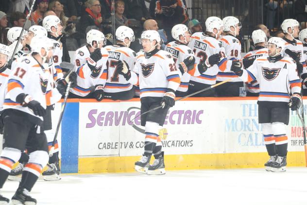 Lehigh Valley Phantoms' Rhett Gardner congratulated by team