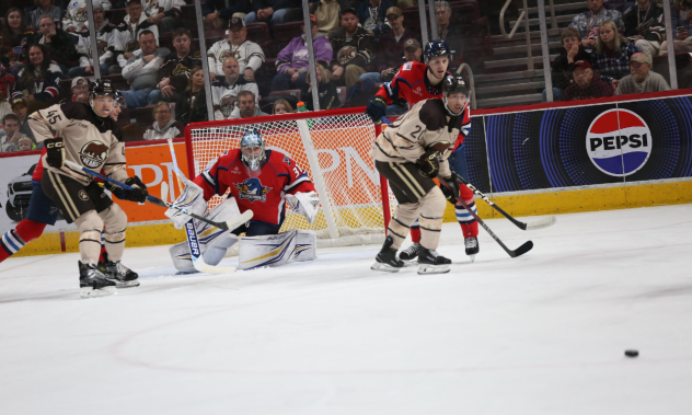 Springfield Thunderbirds goaltender Colten Ellis keeps an eye on the puck