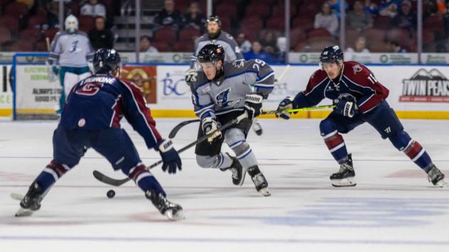 Wichita Thunder forward Luke Grainger handles the puck against the Tulsa Oilers