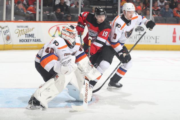 Lehigh Valley Phantoms goaltender Cal Petersen and defenseman Adam Karashik