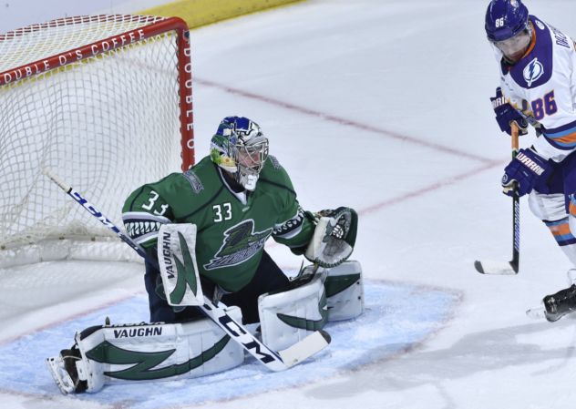 Florida Everblades goaltender Cam Johnson faces the Orlando Solar Bears