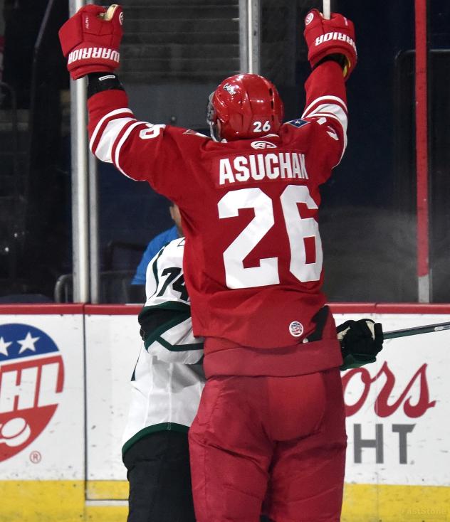 Allen Americans forward Spencer Asuchak reacts after his goal