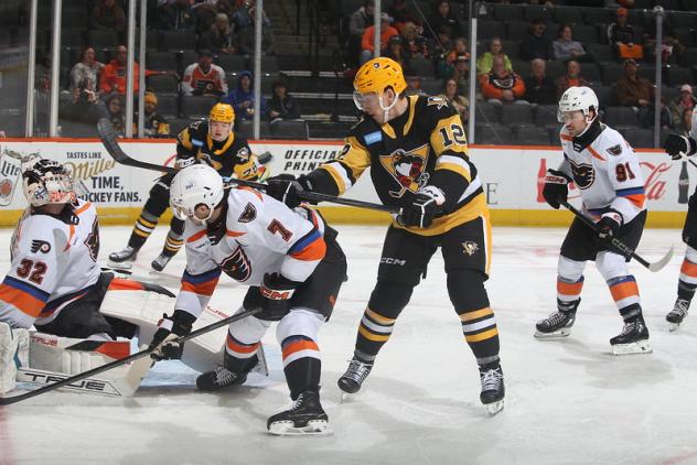 Lehigh Valley Phantoms defend against the Wilkes-Barre/Scranton Penguins