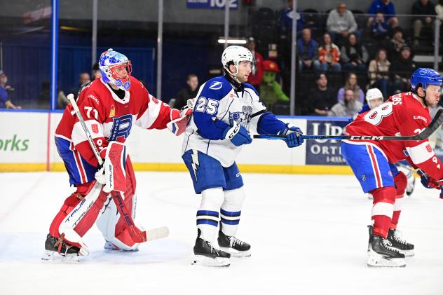 Laval Rocket's Jakub Dobes and Syracuse Crunch's Dylan Duke on game night