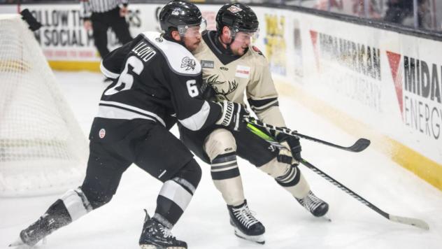 Wichita Thunder defenseman T.J. Lloyd (left) vs. the Iowa Heartlanders