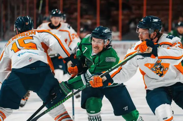 Florida Everblades' Logan Lambdin battles Greenville Swamp Rabbits' Miles Gendron and Max Coyle