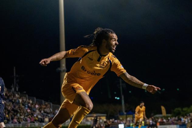 Noah Fuson of Rhode Island FC reacts after his goal